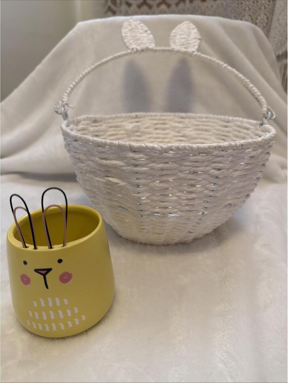 Handwoven Bunny Easter Basket 9" Wicker Straw Rustic Farmhouse Decor New